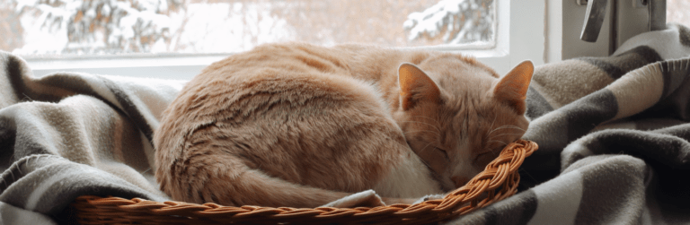 Gatto in inverno che dorme copertina articolo blog Arcaplanet su come proteggere il gatto in inverno